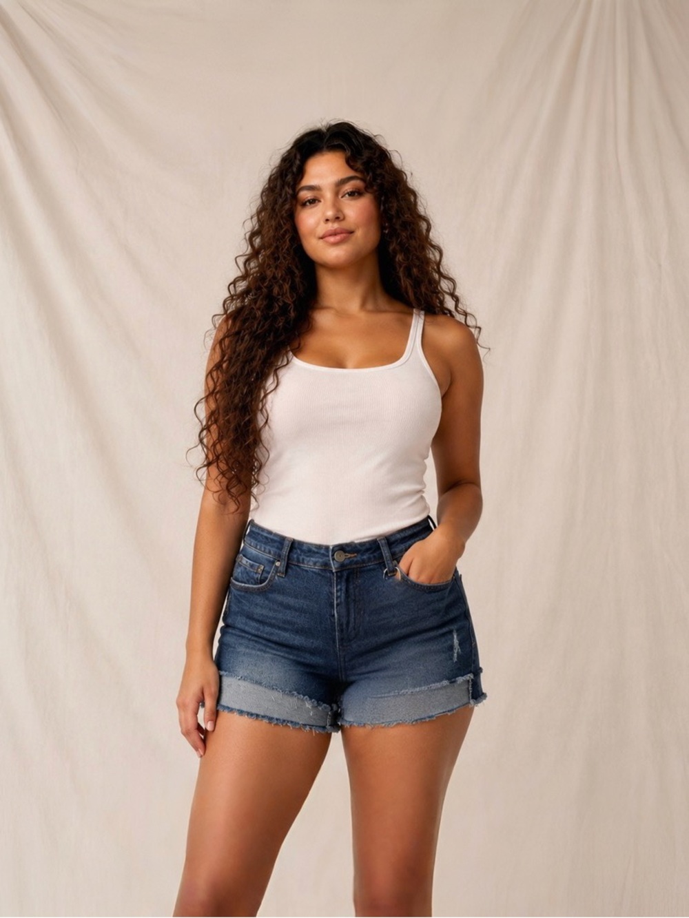 Kensie Dark Blue Distressed Denim Shorts